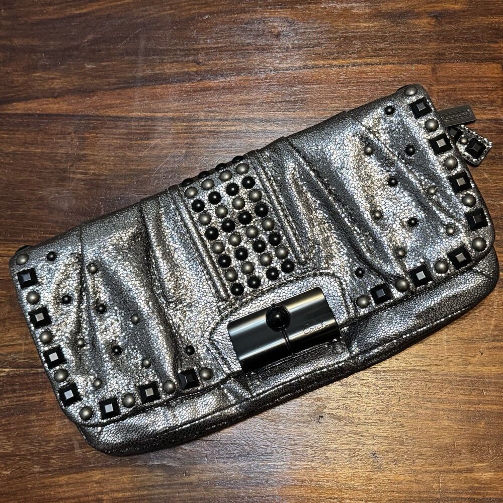 COACH Kristin Studded Clutch Black Silver Leather NWOT Punk Rock Chic - Picture 2 of 13
